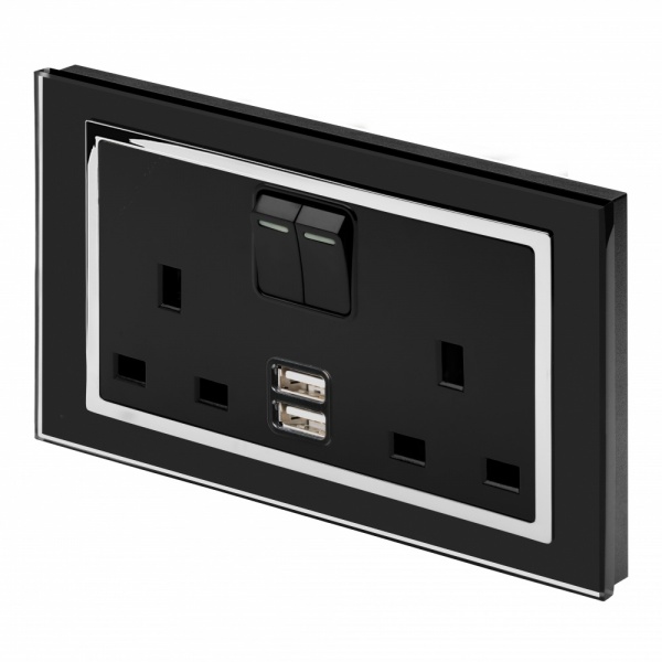 Crystal CT 2.1A USB & 13A DP Double Plug Socket with Switch Black